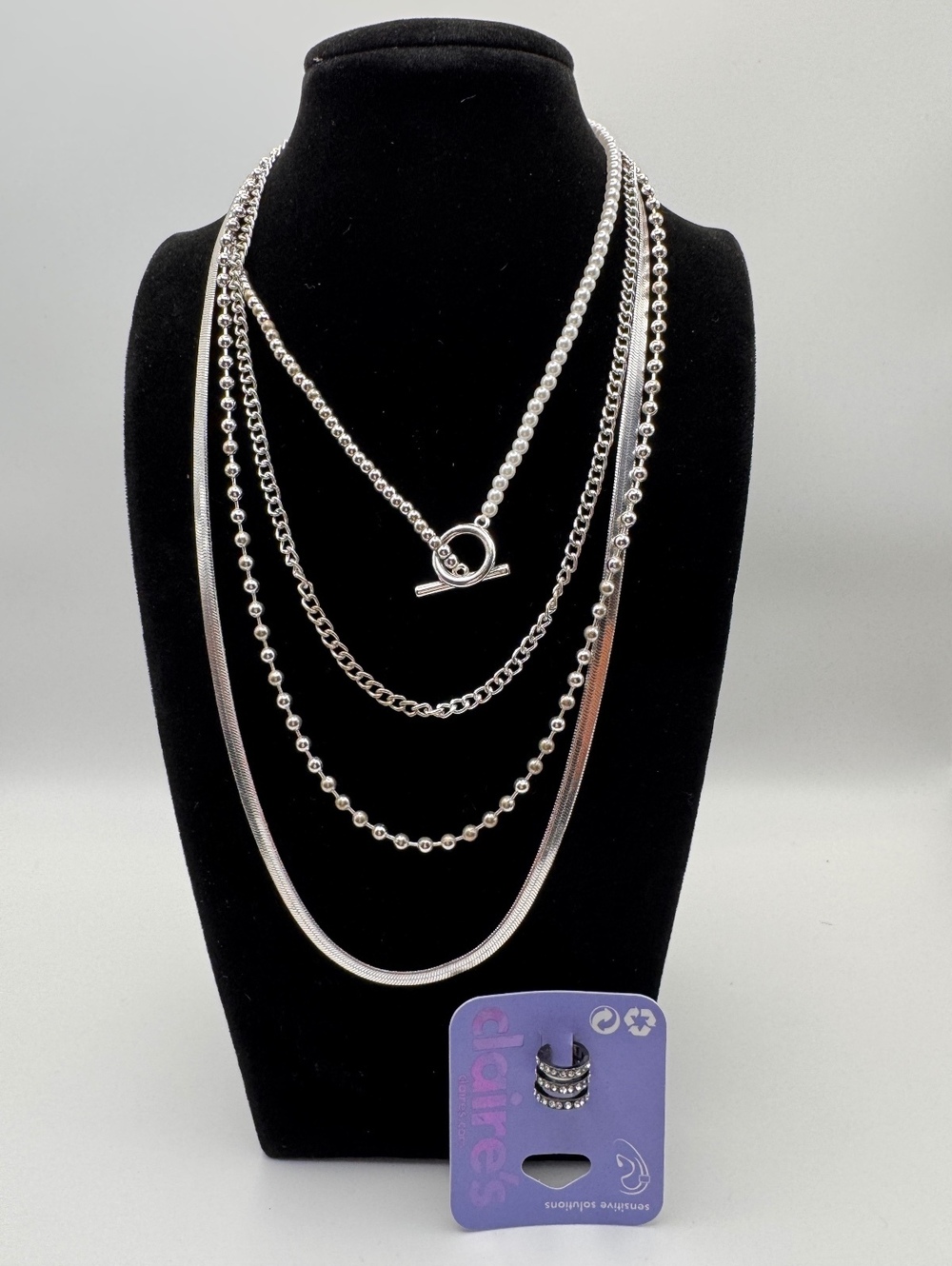 Claire's Multi-Layer Silver Tone Necklace with Earrings Set